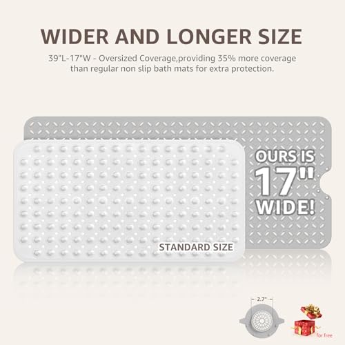 Extra Long Non-Slip Bathtub Mat with Hair Catcher, 39 x 17 Inch Grey