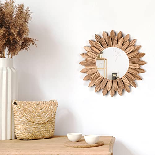 12-Inch Rustic Wood Sunburst Wall Mirror - Decorative Boho Wall Decor