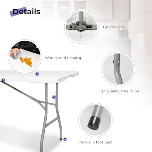 6ft Folding Utility Table, Portable Plastic Fold-in-Half Table for Dining