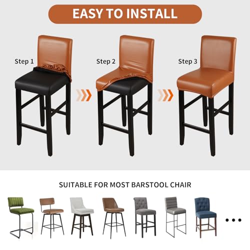 Waterproof PU Bar Stool Covers - Stretch Slipcovers (4 Pack, Light Brown)