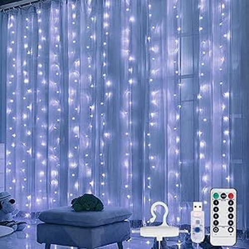 FUYO 300 LED Window Curtain String Lights - Waterproof Fairy Lights with 8 Modes for Bedroom & Party Decor | White