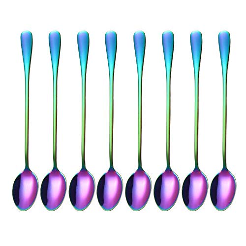 Marco Almond® Long Handle Spoons, Colorful Plated Latte Spoon, Stainless Steel Ice Cream Spoon, Iced Tea, Cocktail Stirring,Tea, Coffee, Milkshake Dessert Spoons, Pack of 8
