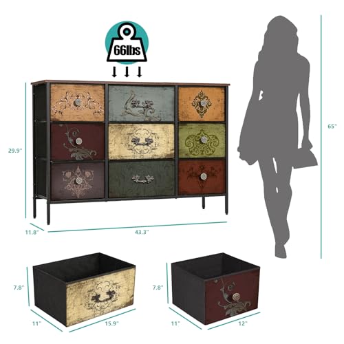 9-Drawer Fabric Dresser with Floral Print, Wide Storage Cabinet for Bedroom