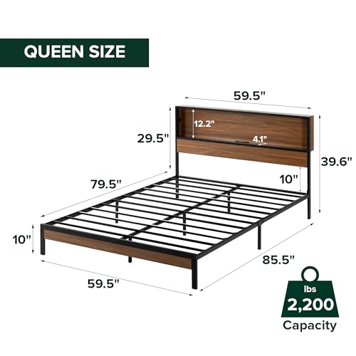 Queen Platform Bed Frame with LED Lights, Storage Headboard & USB Charging