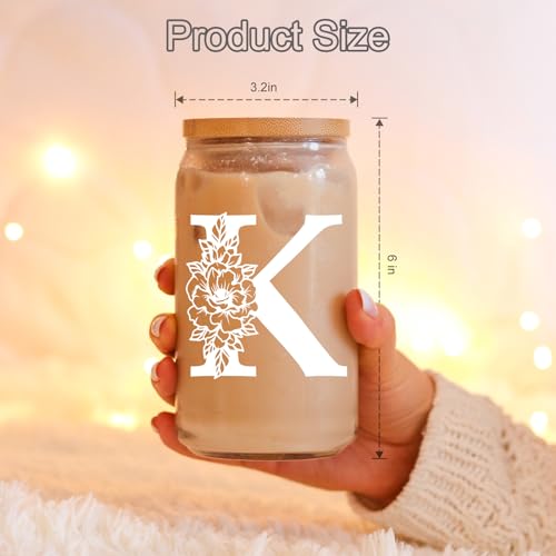 Monogrammed 16 oz Glass Tumbler with Lid and Straw for Iced Coffee