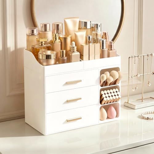HBlife All White Makeup Organizer with Drawers & Brush Slots – Large Vanity Storage