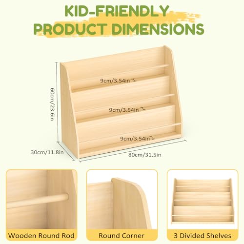3-Tier Wooden Montessori Bookshelf for Kids - Solid Pine Display