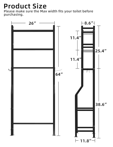 3-Tier Over-the-Toilet Storage Rack, Freestanding Carbon Steel Shelf, 64-Inch