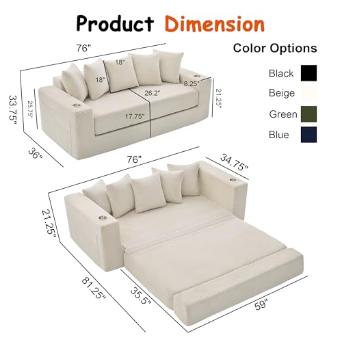 76" Corduroy Convertible Sofa Bed with Storage and Cup Holders
