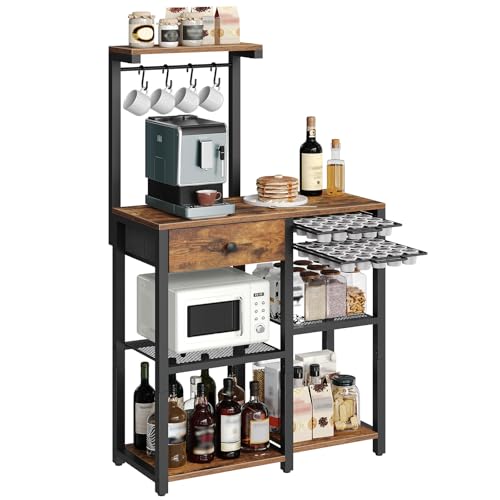 YATINEY Rustic Brown & Black 5-Tier Coffee Bar Rack with Storage & Pod Holder