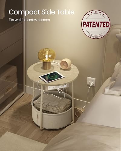 Round Side Table with Charging Station and Fabric Storage Basket