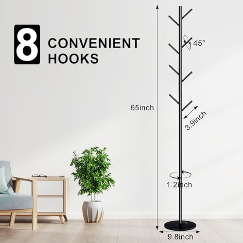 Freestanding Metal Coat Rack with Natural Marble Base, 8-Hook Coat Stand