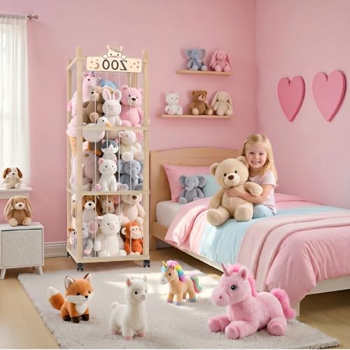 56-Inch Wooden Stuffed Animal Storage Zoo Tower - Mobile Toy Organizer