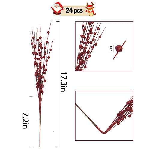 Red Glitter Holly Berry Stem Ornaments - 24 Pack for Christmas Decor