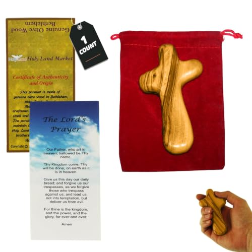 4-Inch Handcrafted Olive Wood Comfort Cross with Velvet Bag & Prayer Card