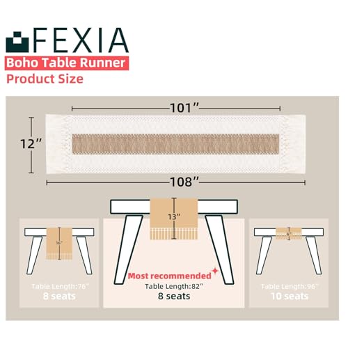 FEXIA Boho Table Runner 12x108 Brown with Tassels - Rustic Fall Home Decor