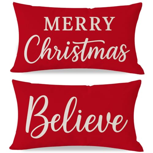 PANDICORN Christmas Pillow Covers 12x20 Set of 2 - Merry Christmas Believe Red