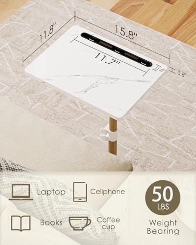 Adjustable C-Shaped Side Table, 360° Swivel Couch Snack Tray, Marble White