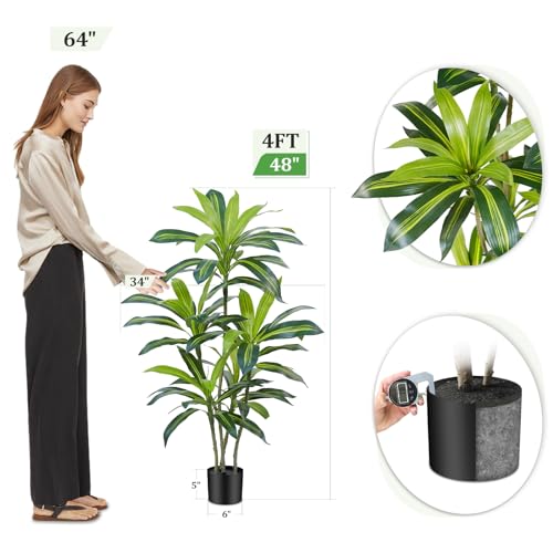 4FT Tall Dracaena Artificial Tree with Real Touch Leaves - Potted Faux Plant for Home Decor