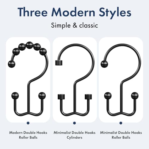 Matte Black Double Shower Curtain Hooks - Rust-Proof Metal Rings (12 Pack)