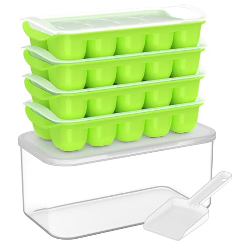 Stackable Silicone Ice Cube Trays with Lid and Bin (4 Pack) with Scoop
