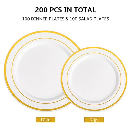 AOZITA Gold Rim 200pcs Heavy Duty Disposable Plates Set - 100 Dinner + 100 Salad Plates