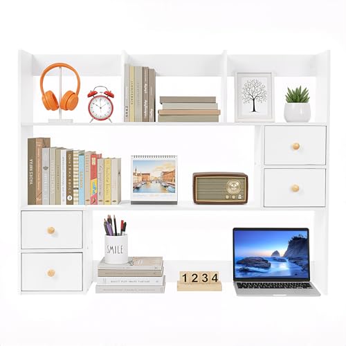 FFIHAK White Desktop Bookshelf with Hutch - Space-Saving Office Storage
