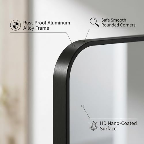 30x36 Inch Rounded Rectangle Bathroom Mirror, Black Metal Framed Wall Mirror