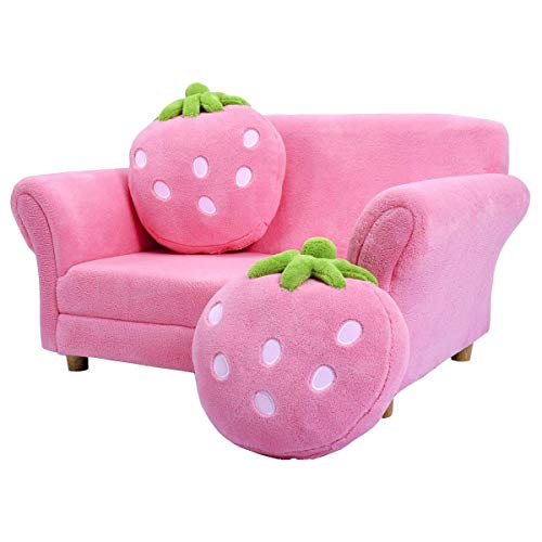 Kids Double Sofa with Strawberry Pillows - Pink Toddler Loveseat