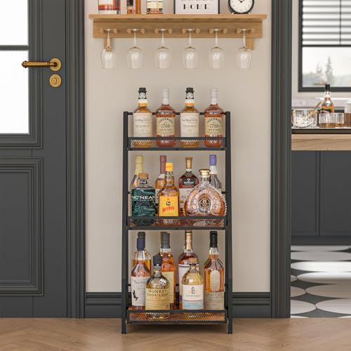 3-Tier Stepped Liquor Display Stand - Freestanding Wood & Iron Wine Rack