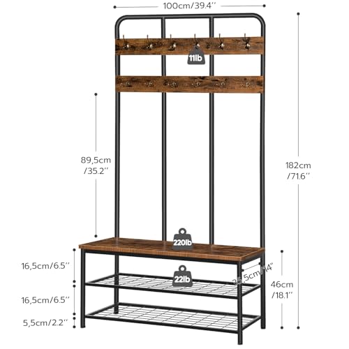 Industrial Hall Tree with Bench, 12-Hook Coat Rack and Shoe Storage Organizer