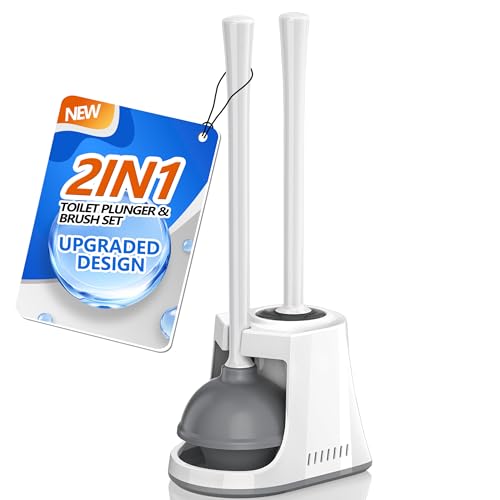 2-in-1 Heavy Duty Toilet Plunger and Brush Set with Ventilated Holder