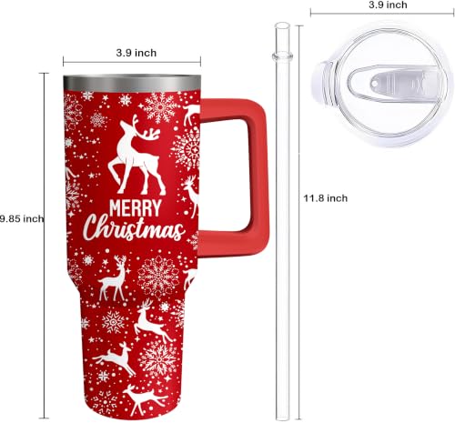 Kearscupra 40oz Reindeer & Snowflakes Tumbler with Handle & Straw – Stainless Steel Insulated Cup