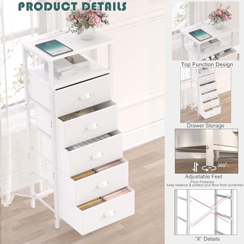 Nightstand with Charging Station, 5 Drawers, RGB LED Lights, White