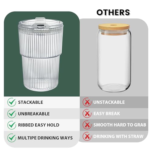 16 oz Ribbed Reusable Iced Coffee Cups with Lids and Straws - 4 Piece Set