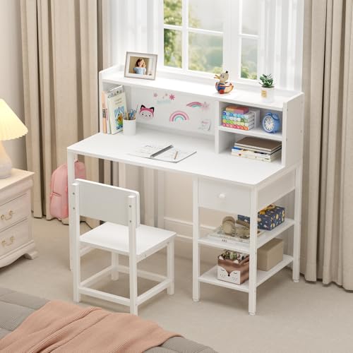 Kids Study Desk and Chair Set with Hutch, Storage Shelves and Fabric Drawer
