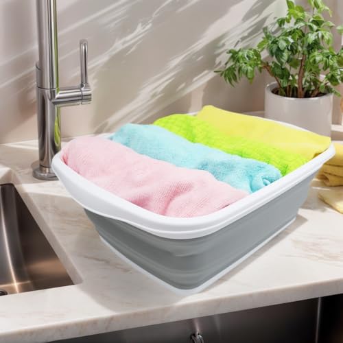 SAMMART 10L Collapsible Plastic Wash Basin - Portable Foldable Dish Tub - White/Grey