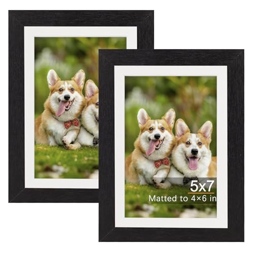 Black Wood Grain 5x7 Picture Frame Set with Mat - Rustic Wall Decor