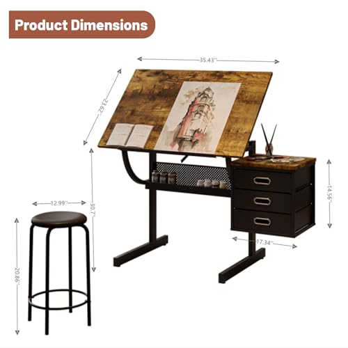 Adjustable Drafting Table and Stool Set with 3 Drawers, Black