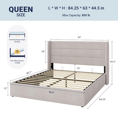 Queen Size Hydraulic Lift Up Storage Bed Frame - Light Beige Wingback