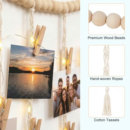 Macrame Hanging Photo Display with String Lights and Wooden Beads