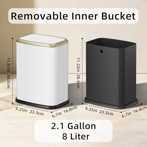 8L Small Bathroom Trash Can with Swing-Top Lid, White Stainless Steel