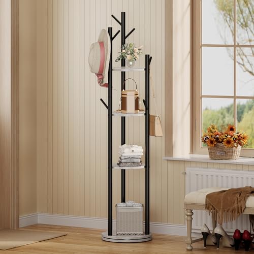 Rotating Coat Rack Stand with 9 Hooks and 4-Tier Storage Shelves, Grey