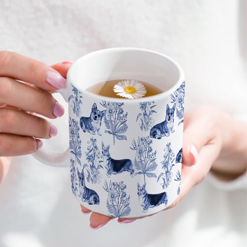 RVEAFA Corgi Coffee Mug 15 oz - Blue French Toile, Gift for Women