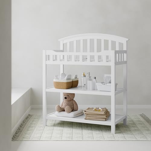 Nursery Changing Table with Storage Shelves and Water-Resistant Pad, White