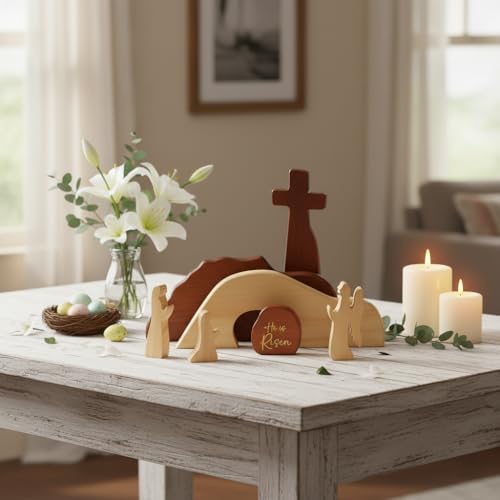 Wooden Resurrection Scene - Handcrafted Easter Empty Tomb & Cross Decor