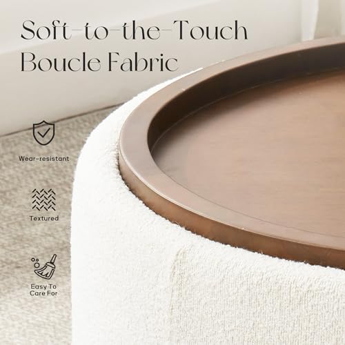 30-Inch Round Boucle Storage Ottoman with Lift-Off Lid - Beige