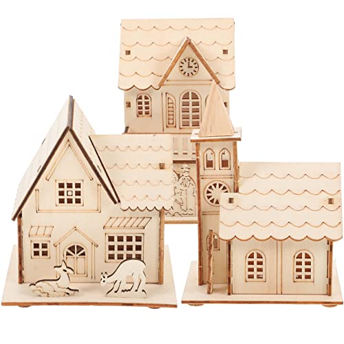 3-Piece LED Christmas Village Houses, Unfinished Wooden Rustic Decor