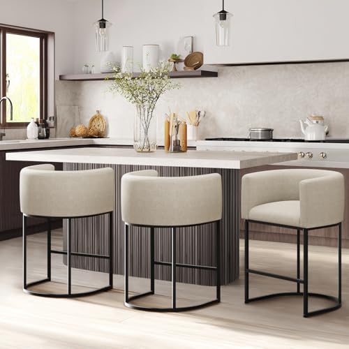 Set of 3 Counter Height Bar Stools, 24-Inch Upholstered Linen Bar Chairs