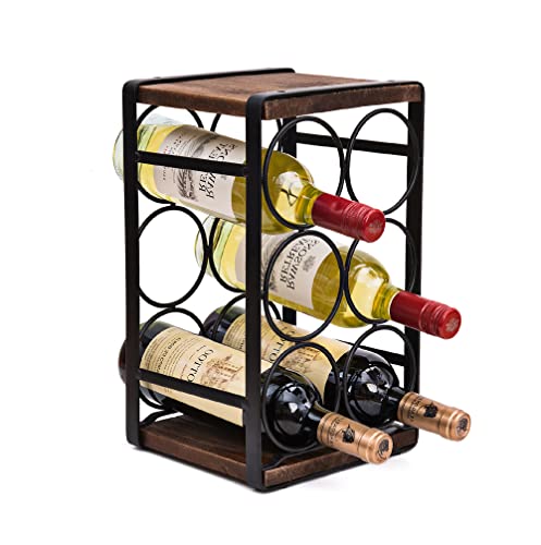 Brown Rustic Wood Countertop Wine Rack - Holds 6 Bottles, No Assembly Needed